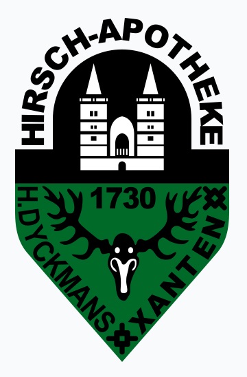 Xantener Dom, Hirschgeweih, Jahreszahl seit 1730 Nahme der Apotheke und H. Dyckmans im Schriftzug